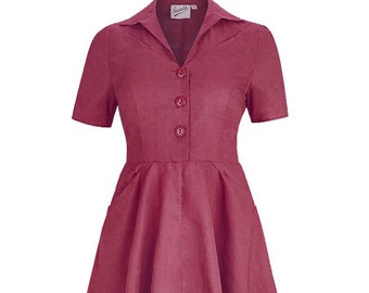 Cotton Forties Dress - 1940s Style Authentic Vintage Replica - Socialite "Melody" Shirtwaister Day Dress in Berry Red - Retro WW2 Dress