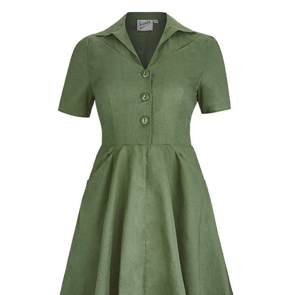 Robe années 40 en coton - réplique authentique vintage des années 40 - robe de jour chemisier « Melody » mondaine en vert saule - robe rétro WW2