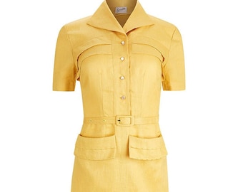 Yellow Forties Linen Dress - 1940s Style Authentic Vintage Replica - Socialite "Spirit" Day Dress in Honey Yellow - Retro WW2 Dress