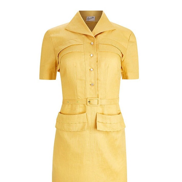 Yellow Forties Linen Dress - 1940s Style Authentic Vintage Replica - Socialite "Spirit" Day Dress in Honey Yellow - Retro WW2 Dress