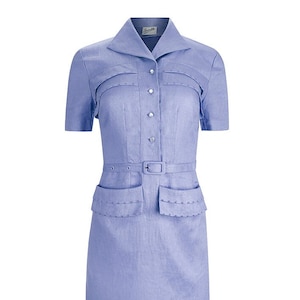 Blue Forties Linen Dress - 1940s Style Authentic Vintage Look - Socialite &quot;Spirit&quot; Day Dress in Cornflower Blue - Retro WW2 Dress