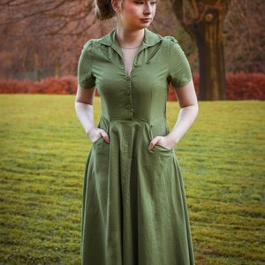 Cotton Forties Dress 1940s Style Authentic Vintage Replica Socialite Melody Shirtwaister Day Dress in Willow Green Retro WW2 Dress image 4