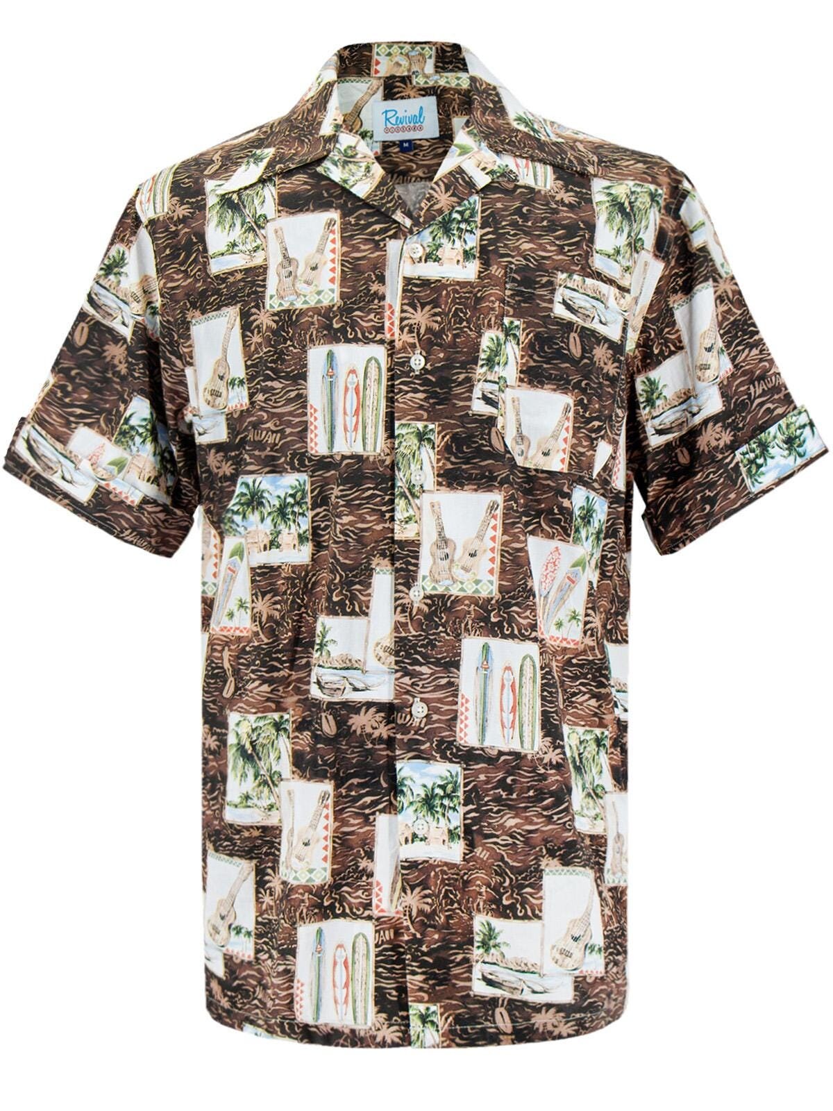 Vintage Style Cotton Hawaiian Shirt – Tiki Postcard Print, 1950s