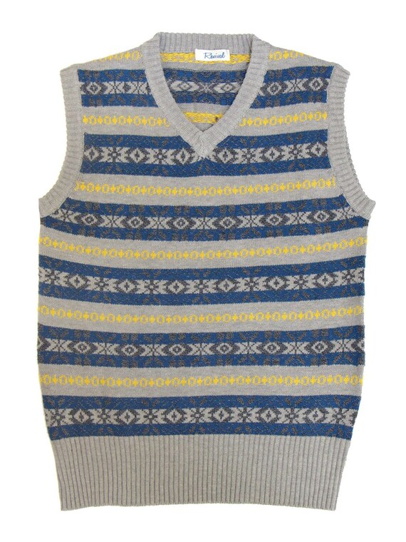 RevivalVintageUK Fair Isle Tank Top - 1940s Authentic Vintage Replica - Revival Knitted Vest Pullover in Grey, Blue and Yellow - Retro Men's Knitwear