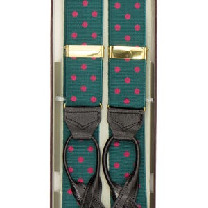 Vintage Trouser Braces | Authentic Green & Pink Spots Albert Thurston Y-Back Button Suspender Braces with Leather Loops