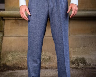 1930s 1940s Style Mens Herringbone Trousers - Fishtail Back - Blue