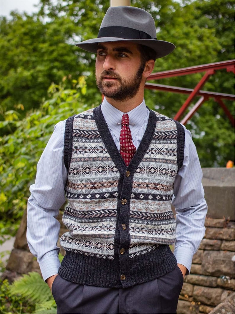 Men&rsquo;s Vintage Vests, Sweater Vests     Buttoned Fair Isle Tank Top - 1940s Authentic Vintage Replica - Socialite Charcoal Grey