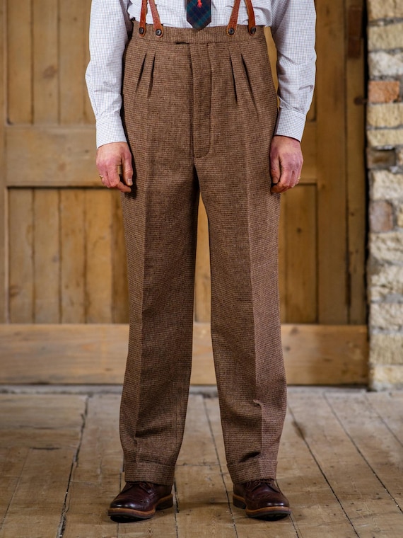 1940s Style Mens Tweed Trousers - Fishtail Back - Bruar Brown