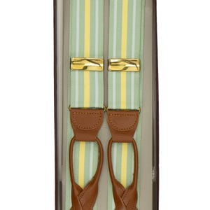 Vintage Trouser Braces | Authentic Green Yellow Stripe Albert Thurston Y-Back Button Suspender Braces with Leather Loops