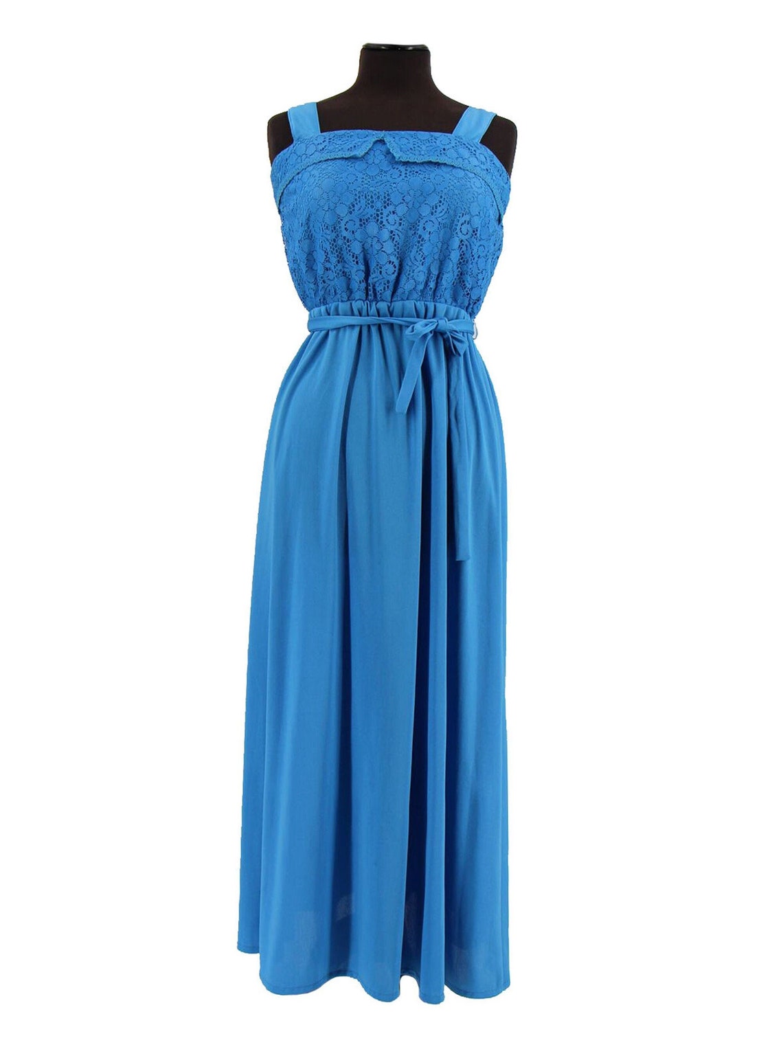 Azure Blue Vintage Maxi Dress Lace Bodice UK 12 | Etsy