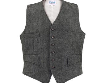Chaleco de lana con diseño de espiga: auténtico estilo vintage de los años 40. Chaleco &quot;Granville&quot; revival en gris. Ropa masculina retro