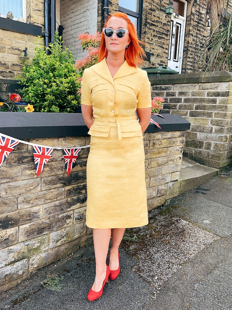 Women’s 1940s Victory Suits and Utility Suits     Yellow Forties Linen Dress - 1940s Style Authentic Vintage Replica - Socialite Spirit