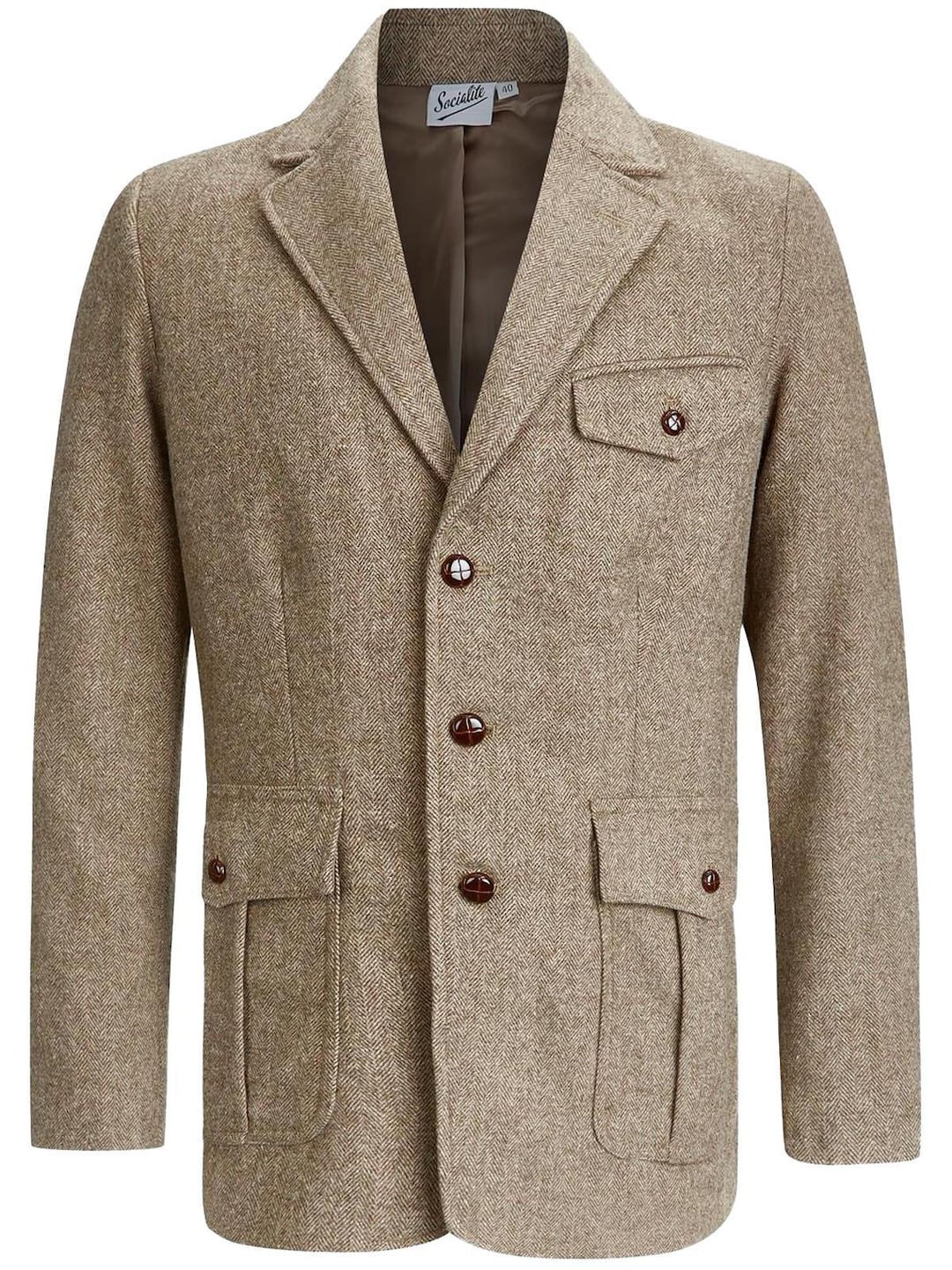 Mens Herringbone Wool Jacket - 1930s 1940s Style - Pleated Pocket Mens Herringbone Wool Jacket - 1930s 1940s Style - Pleated Pocket