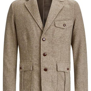 Wollen jas visgraatmotief - Socialite jaren 30, 1940 en 40, kwaliteitslook vintage stijl &quot;Clubman&quot; geplooid zakjack - zadelbruin