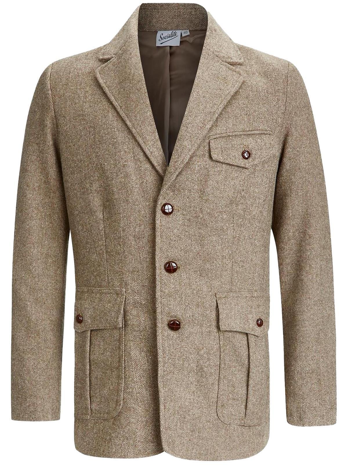Mens Herringbone Wool Jacket - 1930s 1940s Style - Pleated Pocket