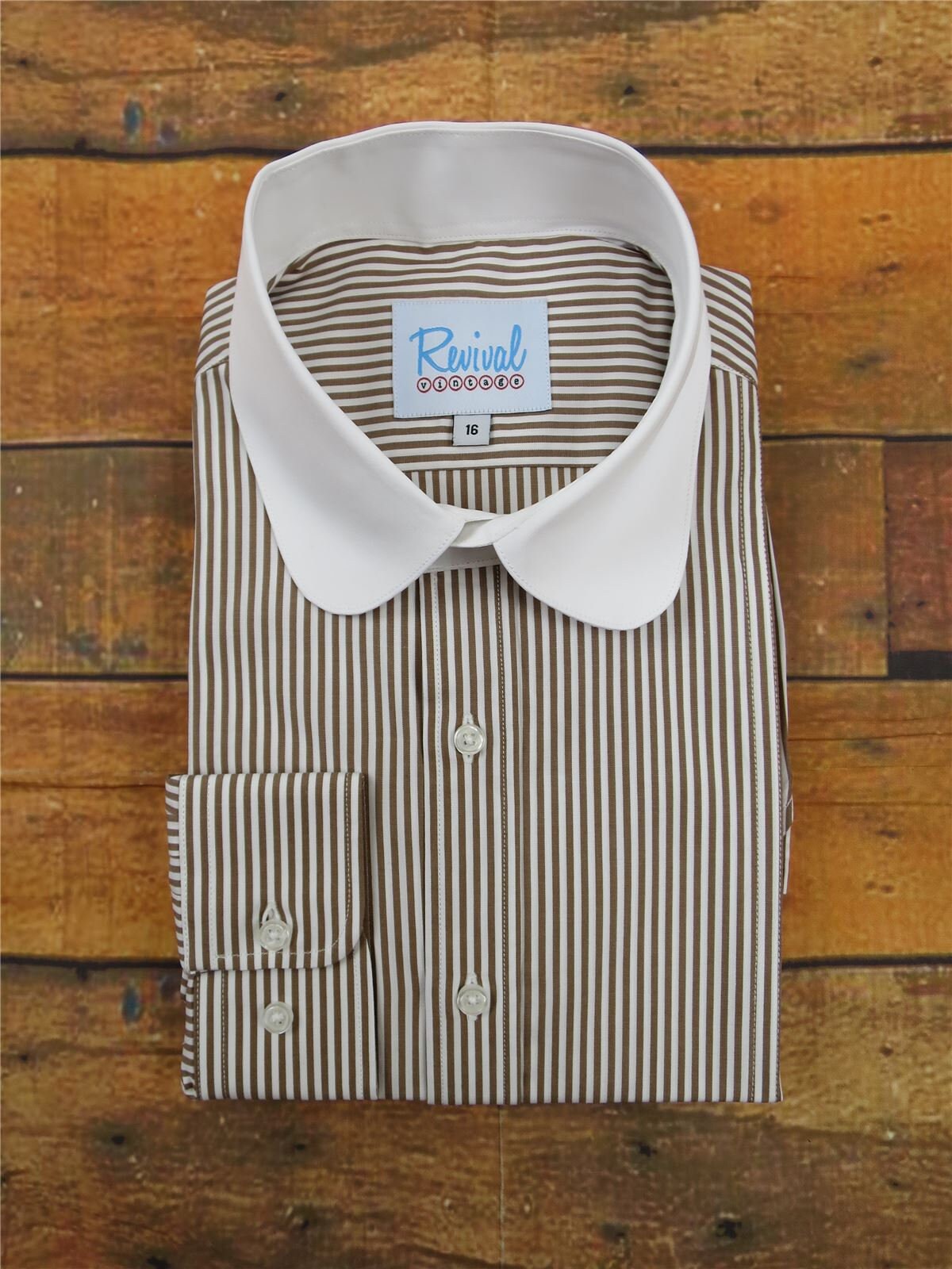 Image of Beaumont 1930S 1940S Style Revival Cedar Brown Stripe Shirt With Club Collar & Gold Stud Button