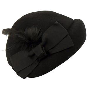 Vintage Hut - Vintage 1940&#39;s Style Schwarzer Wollfilz-Halbhut mit Feder- und Schleifenbesatz