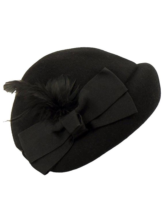 1940s Style Black Wool Felt Half Hat – Feather & Bow Trim - Etsy