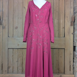 UK 18 Womens True Vintage Dress | 1940s Raspberry Soutache & Beaded Occasion Dress
