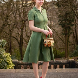 Cotton Forties Dress 1940s Style Authentic Vintage Replica Socialite Melody Shirtwaister Day Dress in Willow Green Retro WW2 Dress image 2