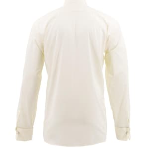 May include: A cream-coloured long-sleeved shirt with a classic collar and buttoned cuffs. The back view of the shirt is displayed, showcasing the tailored fit and the fabric's smooth texture. The shirt is made of a light, breathable material.