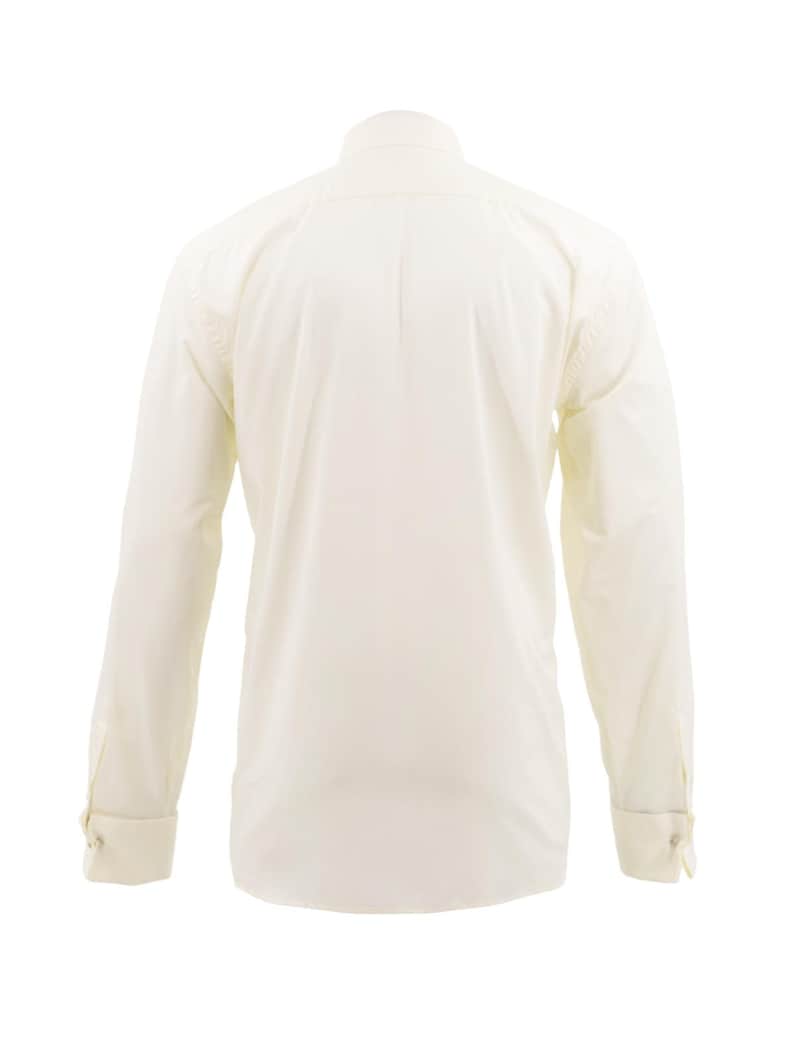 May include: A cream-coloured long-sleeved shirt with a classic collar and buttoned cuffs. The back view of the shirt is displayed, showcasing the tailored fit and the fabric's smooth texture. The shirt is made of a light, breathable material.