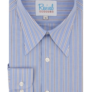 Spearpoint 1940s Vintage Style Collar Shirt - Barrel Cuff - Holme Blue Stripe  - Men&#39;s Peaky Blinders Shirt