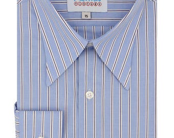 Camisa de cuello de punta de lanza estilo años 40 - Raya azul Holme, puños cilíndricos