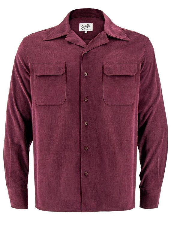 1950s Vintage Style Mens Camp Shirt - Open Neck Shirt - Burgundy