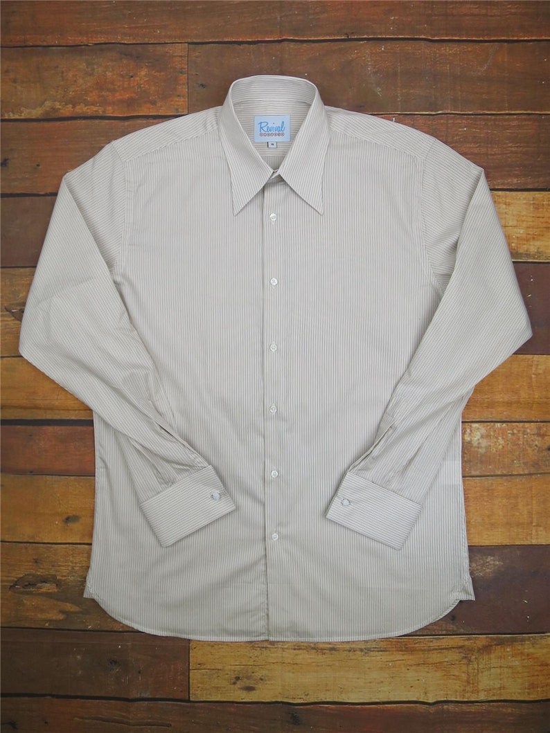 1940s UK and Europe Men’s Clothing – WW2, Swing Dance, Goodwin Revival Authentic 1940s Style Sand Track Stripe Spearpoint Collar Shirt $85.92 AT vintagedancer.com