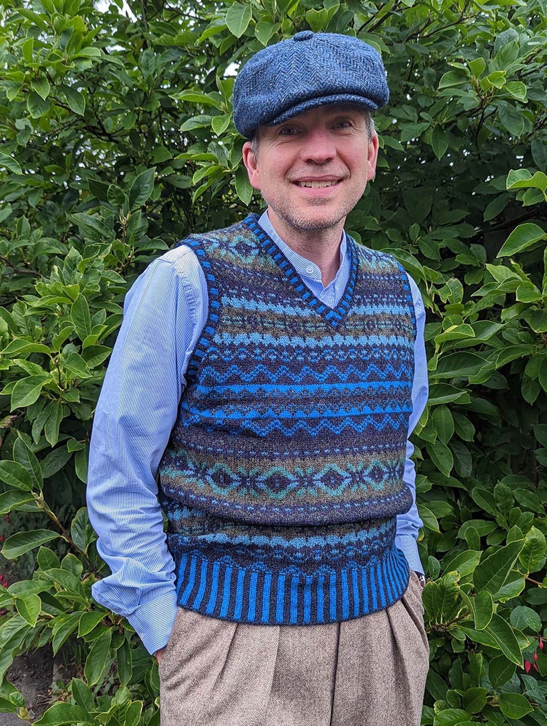 1920s Style Mens Vests, Pullovers, FairIsle Knits     Fairisle Shetland Wool Vest Brodie 1940s Style Tank Top - Kingfisher  AT vintagedancer.com