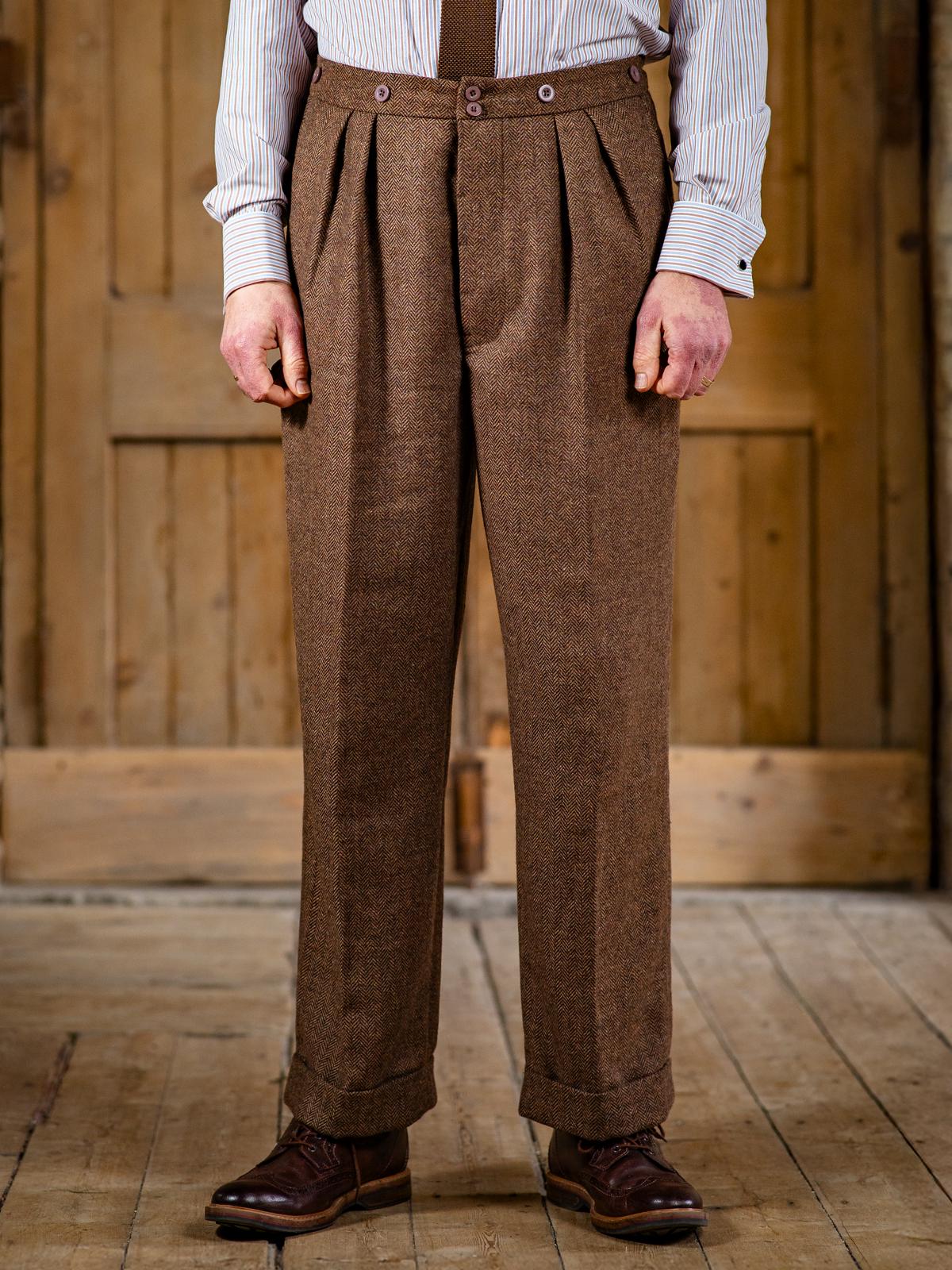 40s ヴィンテージ ヘリンボーン ウール スラックス ヘリンボーンウールトラウザーズ - 1940年代スタイルの本格的な
