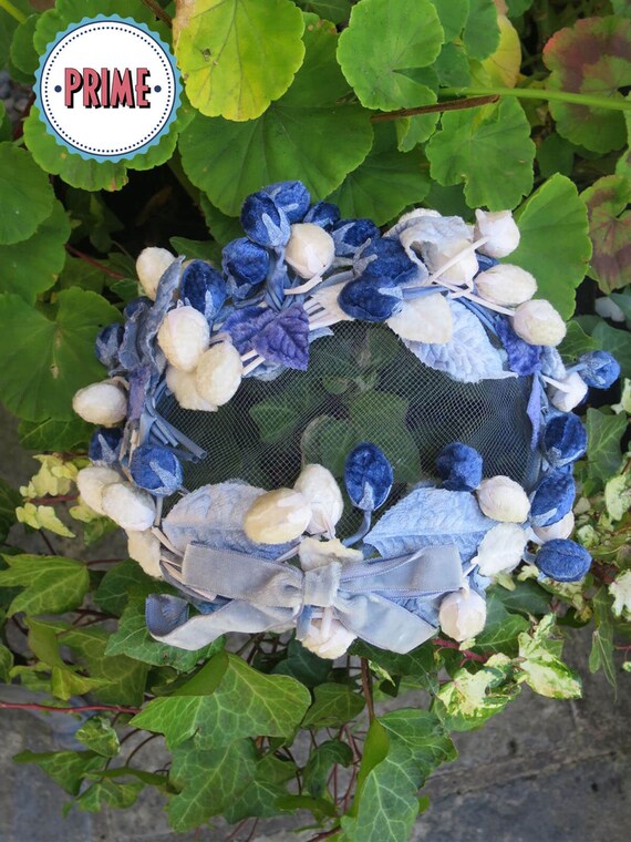 Vintage 1950s Blue & Cream Droplet Half Hat