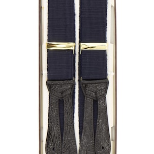 Vintage Trouser Braces | Authentic Albert Thurston Navy Woven Y-Back Button Suspender Braces with Leather Loops