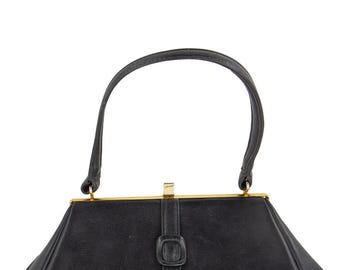 Bolsa feminina vintage em couro sintético preto texturizado, década de 1950/6