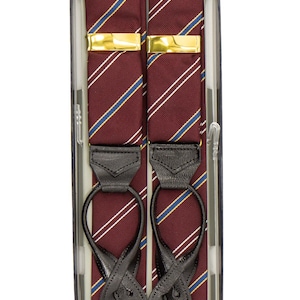 Vintage Trouser Braces | Authentic Albert Thurston Burgundy Striped Silk Y-Back Button Suspender Braces with Leather Loops