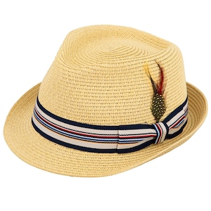 Straw Trilby Hat | Men&#39;s Beige Straw Fifties Striped Band Vintage Style Lightweight Summer Trilby Sun Hat