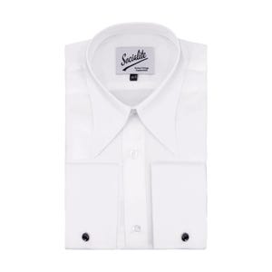 May include: A folded white dress shirt with a spread collar and French cuffs. The shirt has a label that reads "Socialite". The cuffs feature black cuff links. The shirt is a classic formal wear item.