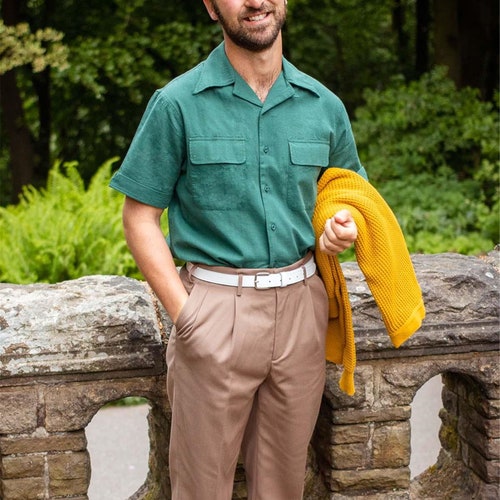 1940s Style Green Cotton Leisure Shirt - Retro Camp Collar - Etsy