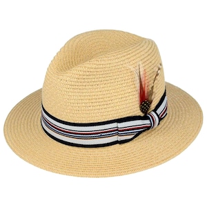 Straw Fedora Hat | Men&#39;s Beige Straw 1950s Vintage Style Lightweight Summer Panama Fedora Hat with Striped Hat Band