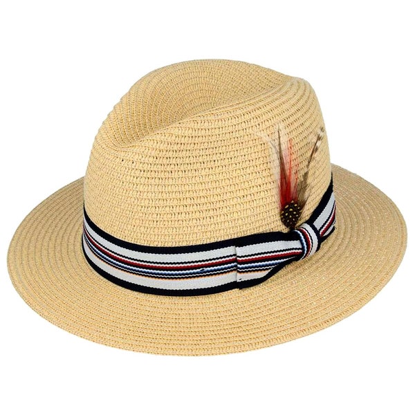 Straw Fedora Hat | Men's Beige Straw 1950s Vintage Style Lightweight Summer Panama Fedora Hat with Striped Hat Band