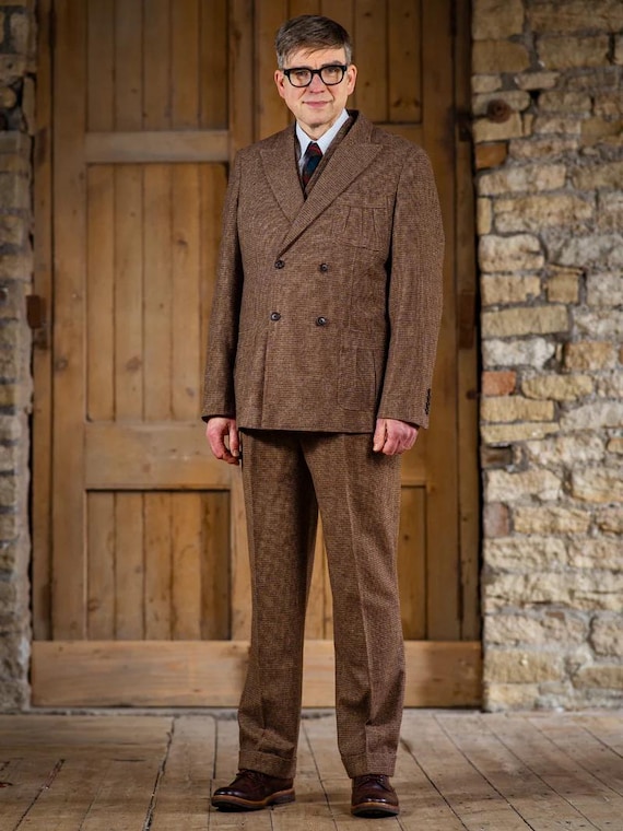 1930s 1940s Style Mens Check Tweed Jacket - Pleated Pocket - Bruar