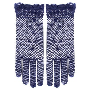 Crochet Gloves - Women&#39;s 1940s 1950s Vintage Style - Cotton Mesh Scalloped Gloves - Navy Blue