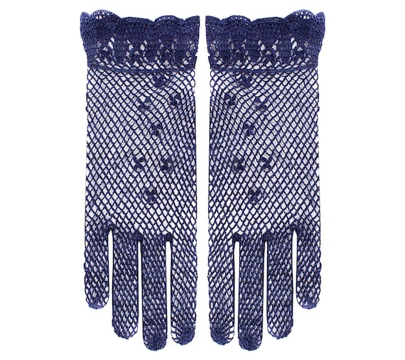 Crochet Gloves - Women's 1940s 1950s Vintage Style - Cotton Mesh Scalloped Gloves - Navy Blue