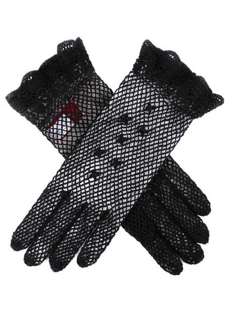 Guantes de crochet para mujer, estilo vintage de los años 40 y 50, de malla de algodón festoneada, negros. imagen 2