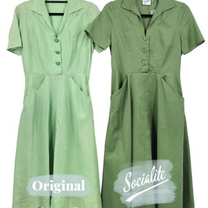 Cotton Forties Dress 1940s Style Authentic Vintage Replica Socialite Melody Shirtwaister Day Dress in Willow Green Retro WW2 Dress image 8