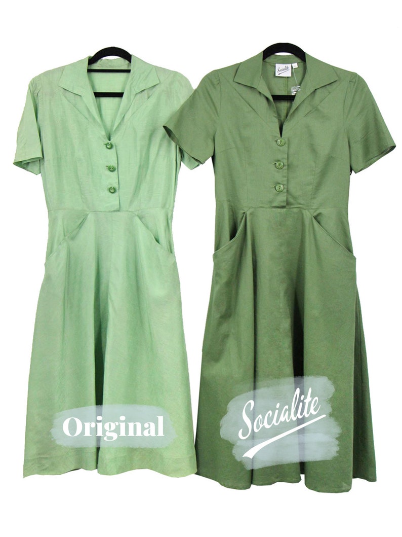 Cotton Forties Dress 1940s Style Authentic Vintage Replica Socialite Melody Shirtwaister Day Dress in Willow Green Retro WW2 Dress image 8