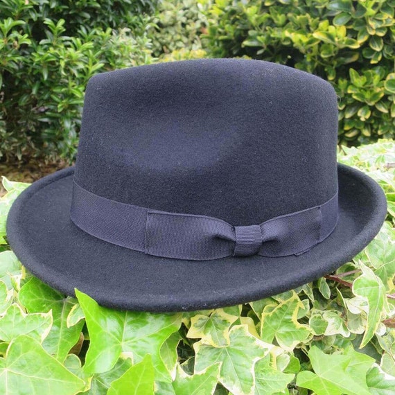 Mens Trilby Hat 1950s Retro Black 100% Wool Vintag