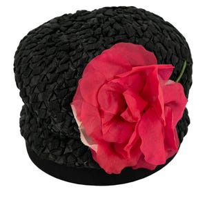 Webron Black Raffia Pink Flower 1960s Vintage Dome Hat