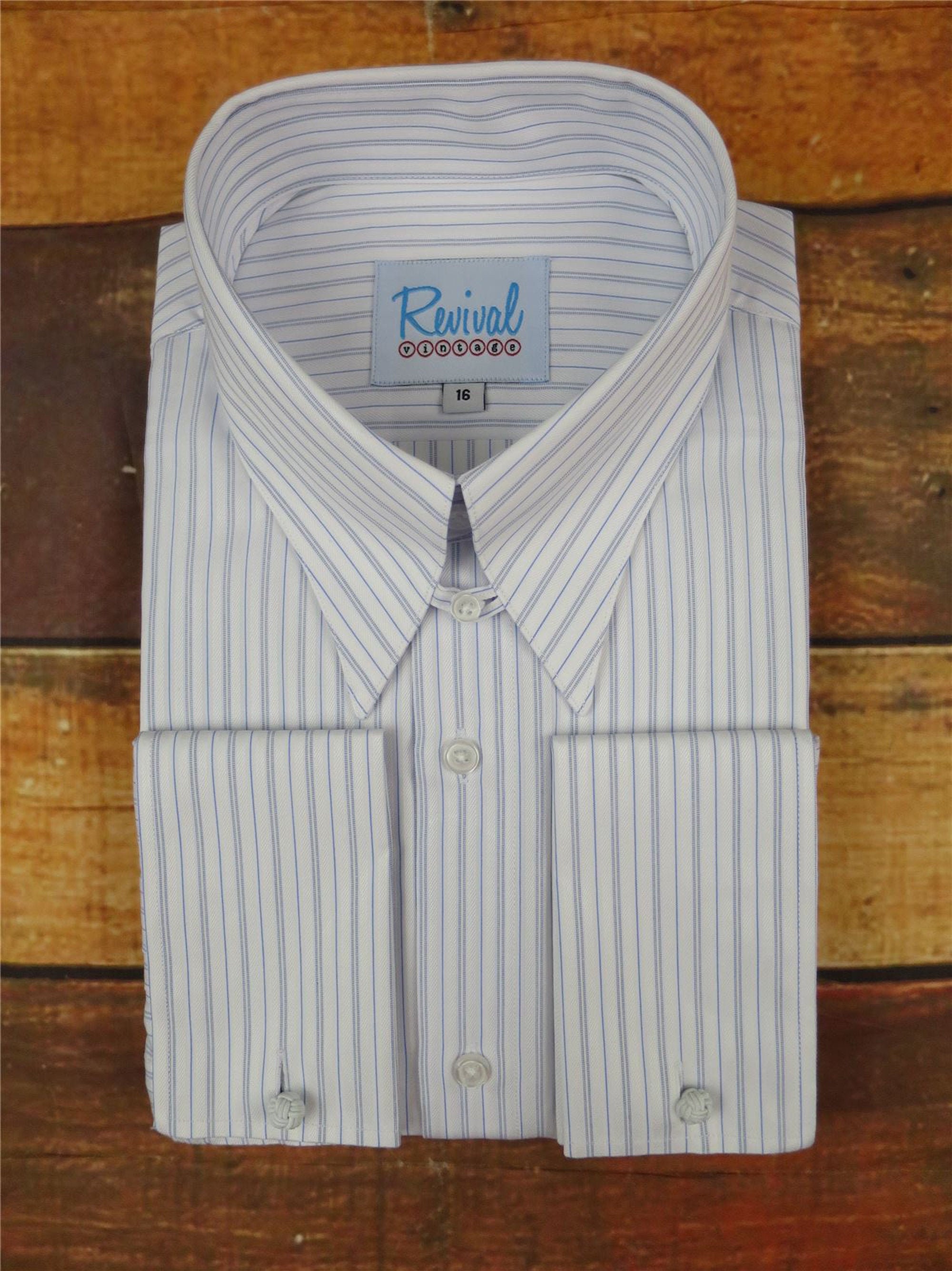 Image of 1940S Mens Style Shirt - London Stripe Spearpoint Collar in Blue
